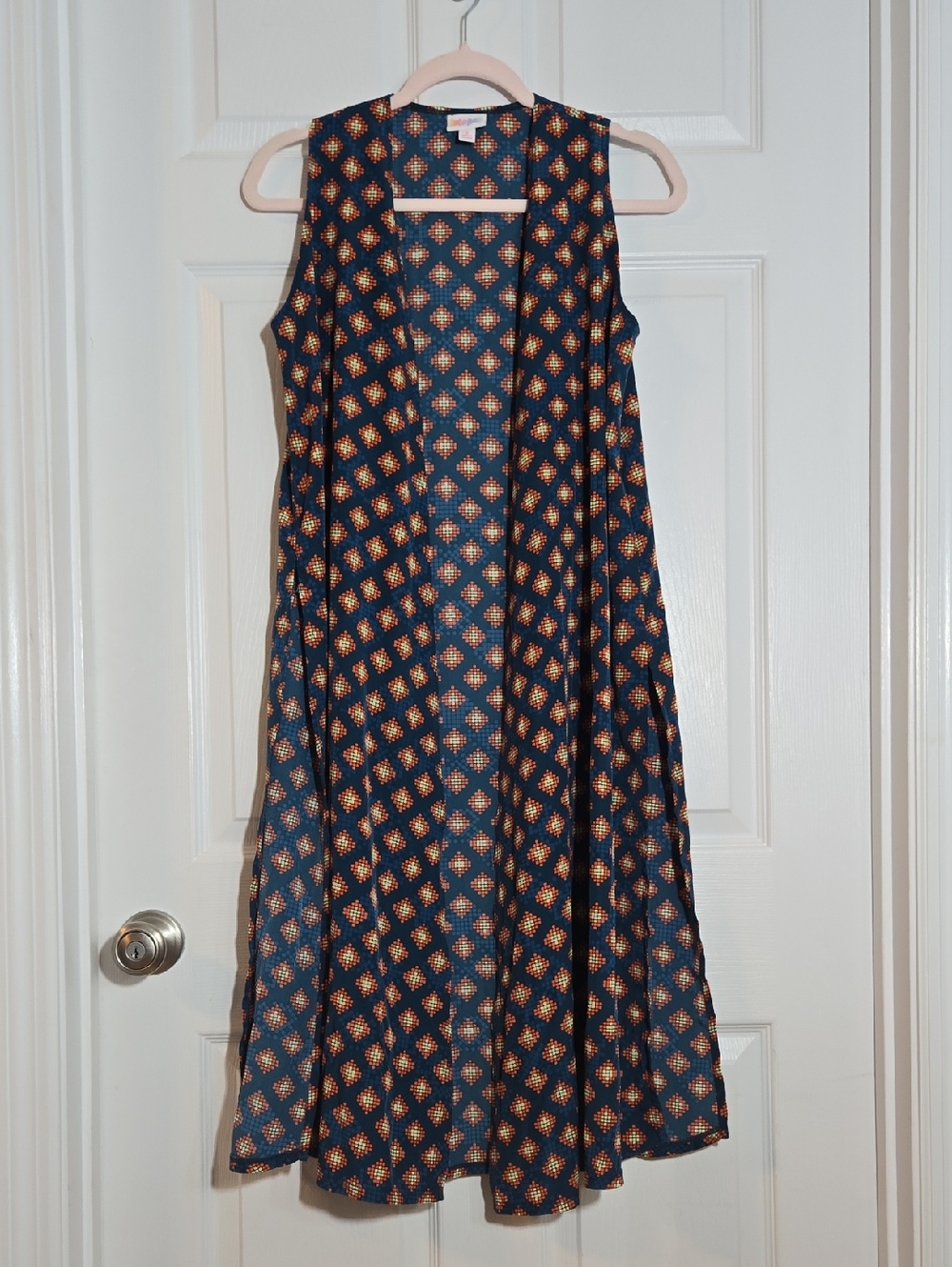 LuLaRoe Navy Maxi Dress with Orange Geometric Print Size Small